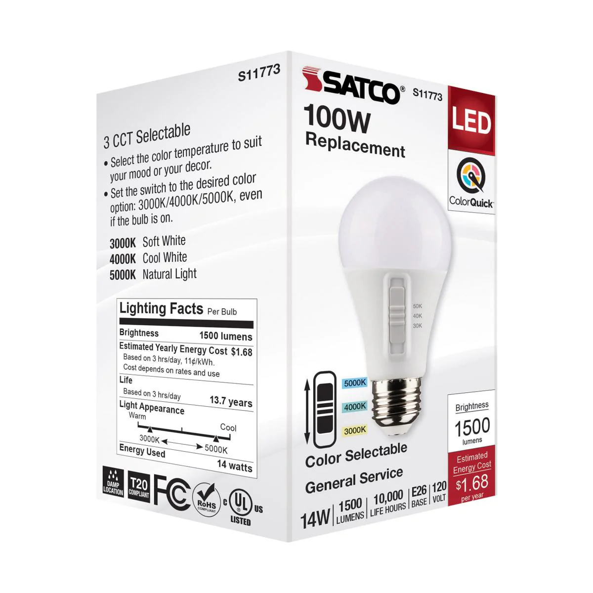 Satco 14w A19 LED 120v CCT Selectable 90 CRI White Finish Bulb - Image 7