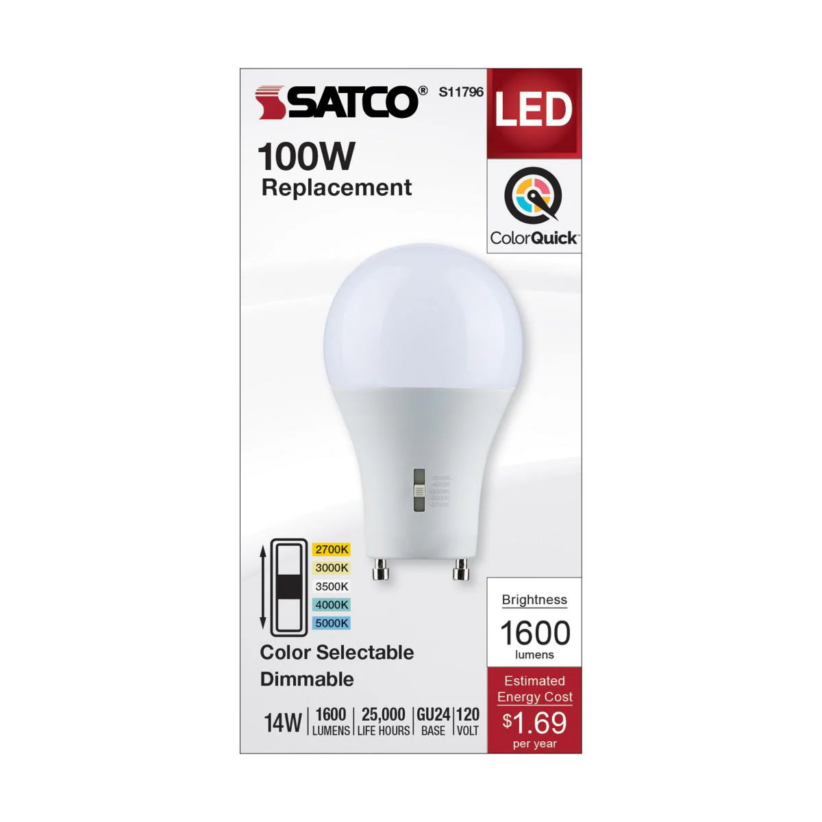 Satco 14w A19 LED Bi Pin GU24 Base 120v CCT Selectable White Finish Bulb - Image 4