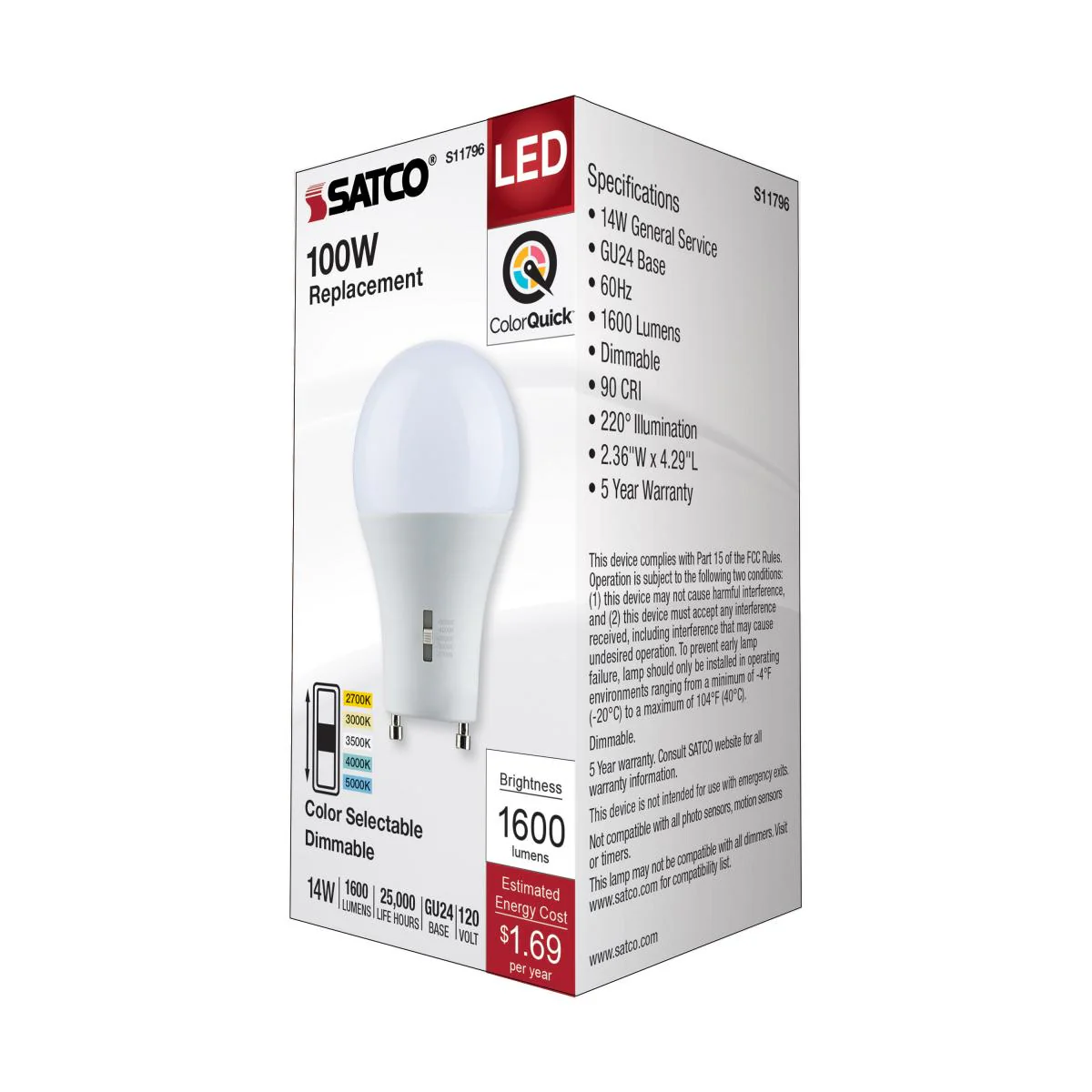 Satco 14w A19 LED Bi Pin GU24 Base 120v CCT Selectable White Finish Bulb - Image 6