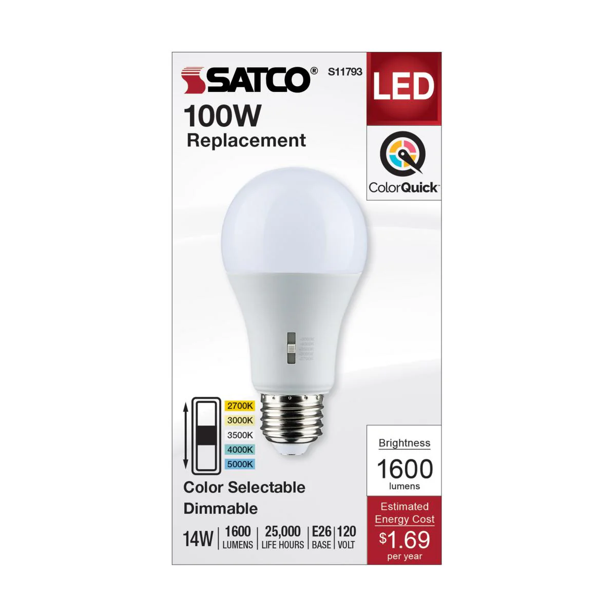 Satco 14w A19 LED Medium Base 120v CCT Selectable White Finish Bulb - Image 4