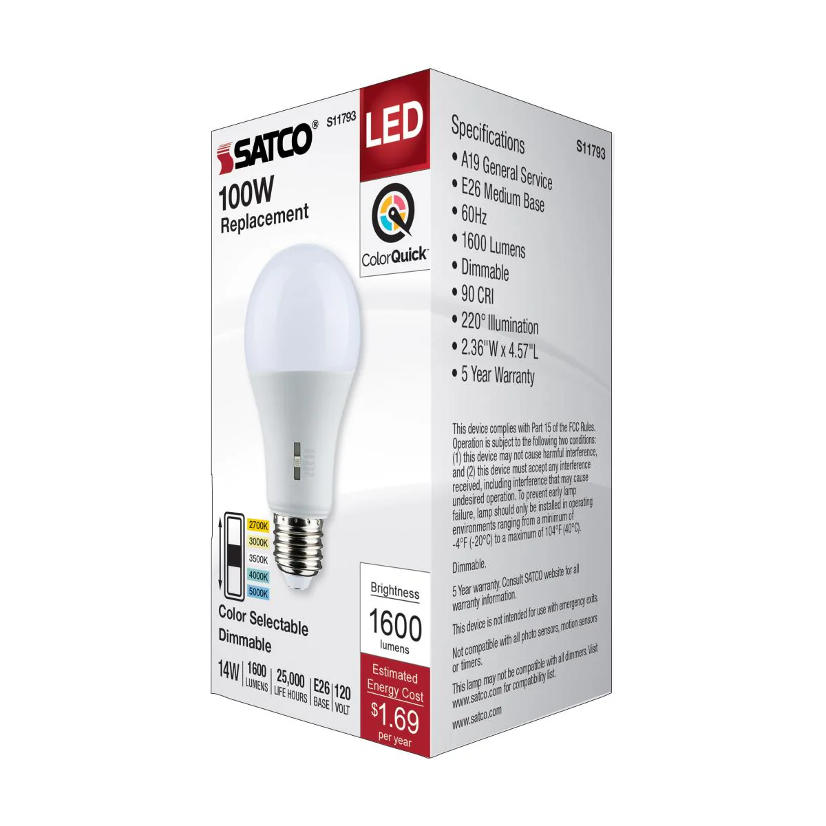 Satco 14w A19 LED Medium Base 120v CCT Selectable White Finish Bulb - Image 6