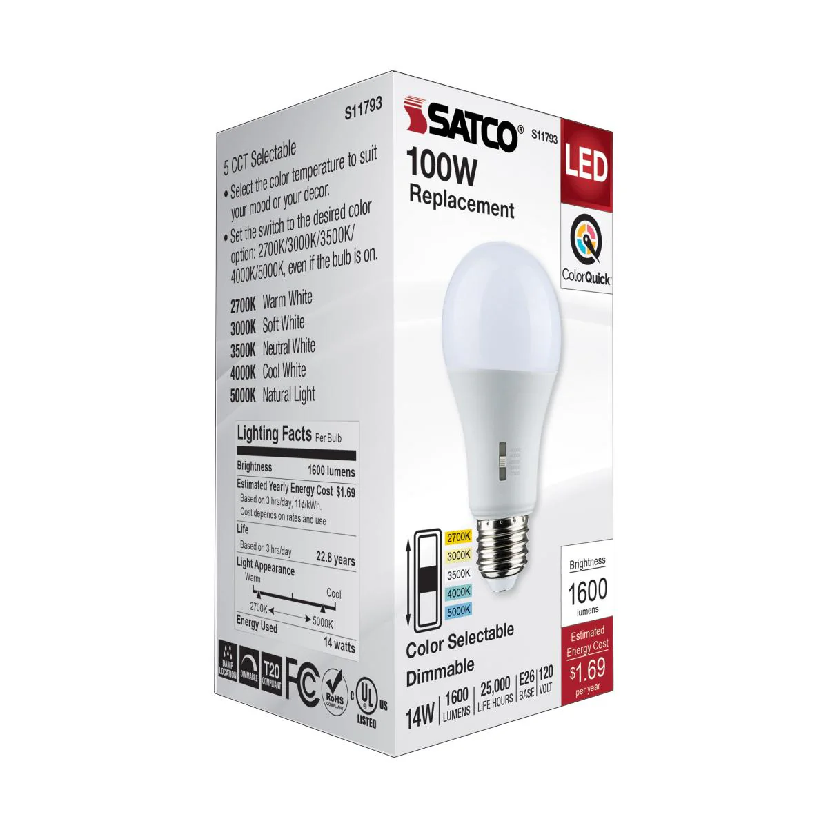 Satco 14w A19 LED Medium Base 120v CCT Selectable White Finish Bulb - Image 7