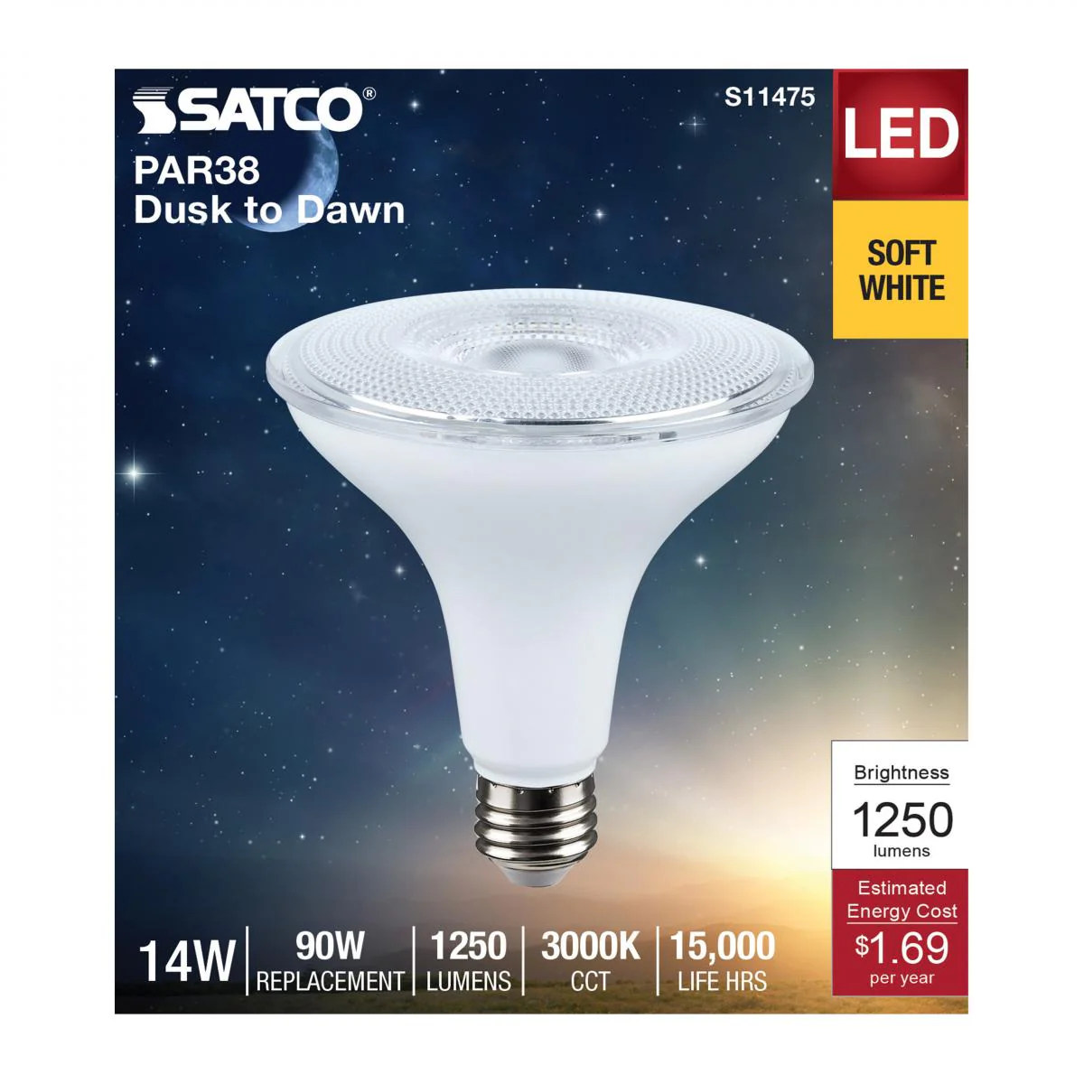 Satco 14w Dusk to Dawn LED PAR38 3000K 120v White Finish E26 Base Bulb - Image 3