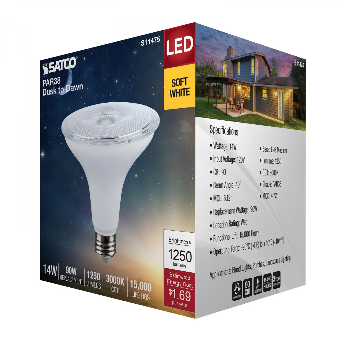 Satco 14w Dusk to Dawn LED PAR38 3000K 120v White Finish E26 Base Bulb - Image 5