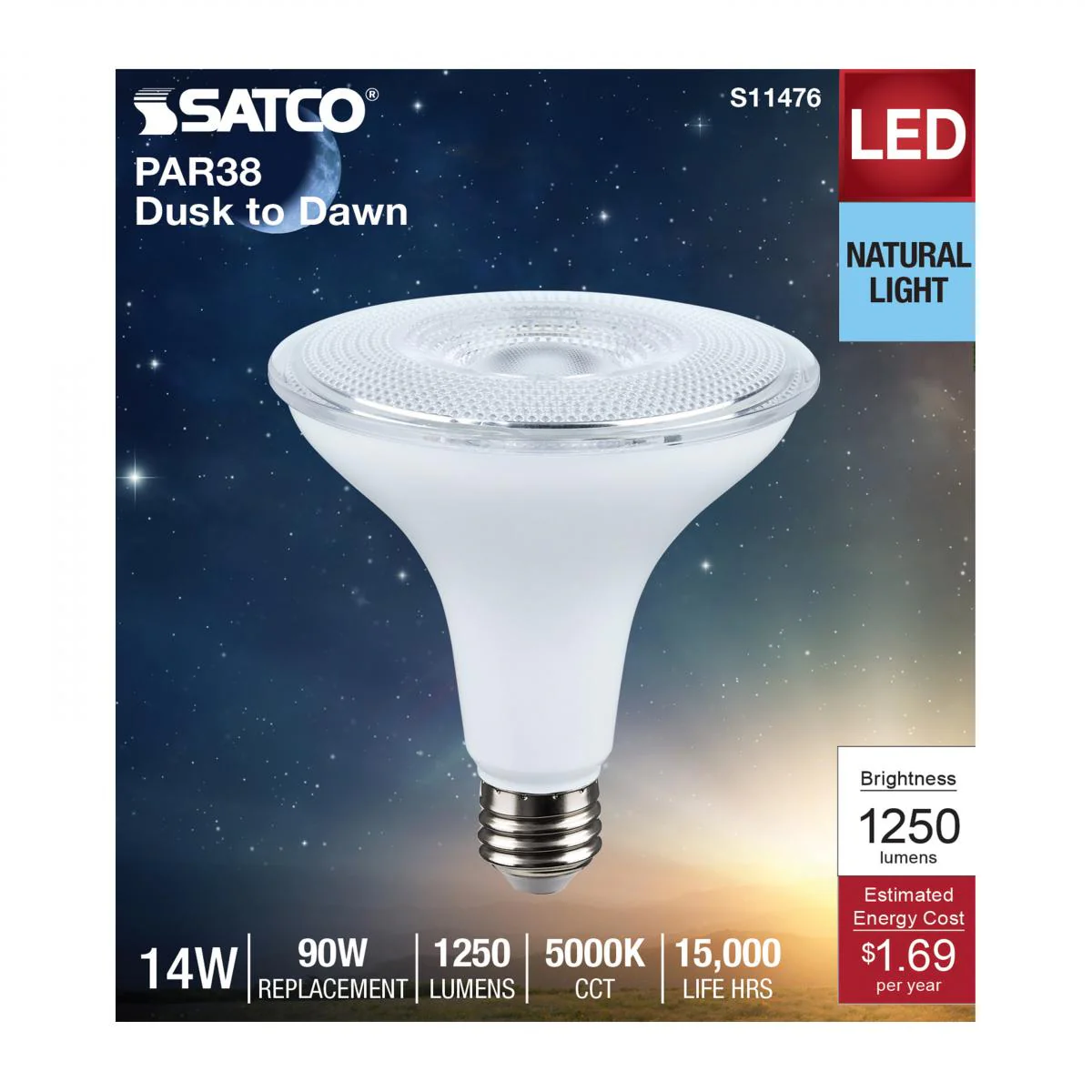 Satco 14w Dusk to Dawn LED PAR38 5000K 120v White Finish E26 Base Bulb - Image 3