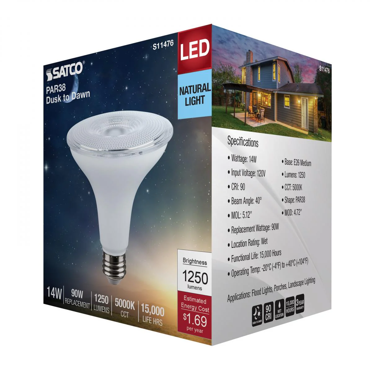 Satco 14w Dusk to Dawn LED PAR38 5000K 120v White Finish E26 Base Bulb - Image 5