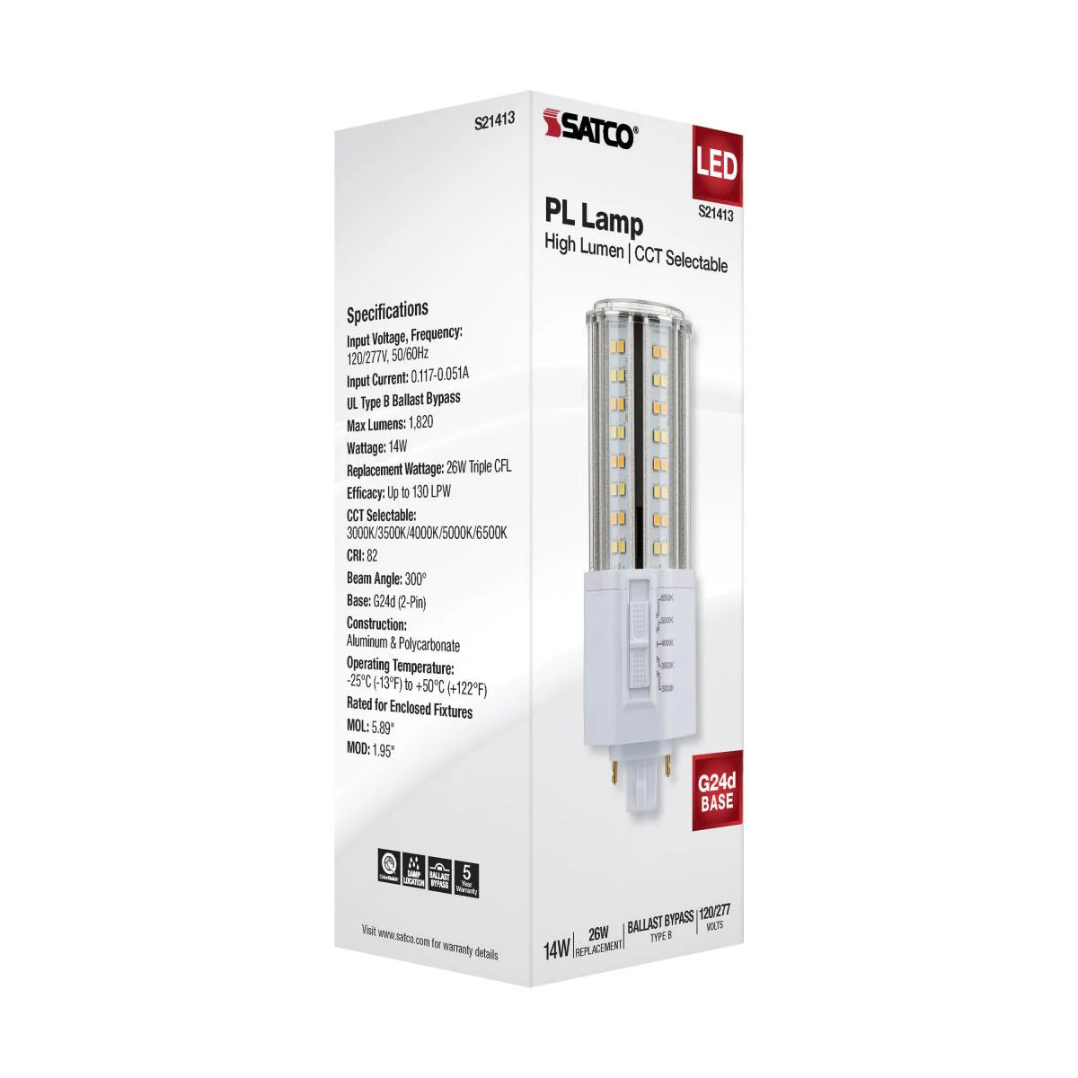 Satco 14w LED PL 2-Pin G24d CCT Tunable 120-277v White Finish Type B Bulb - Image 8
