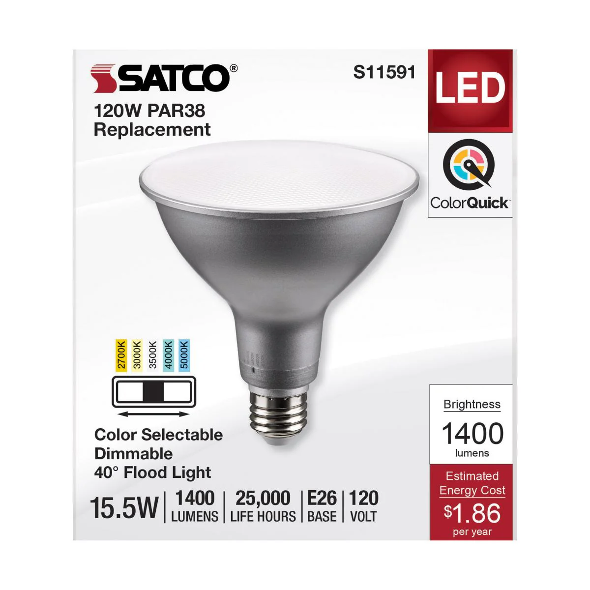 Satco 15.5w PAR38 LED E26 Base 40deg 120v CCT Tunable Silver Finish Bulb - Image 3