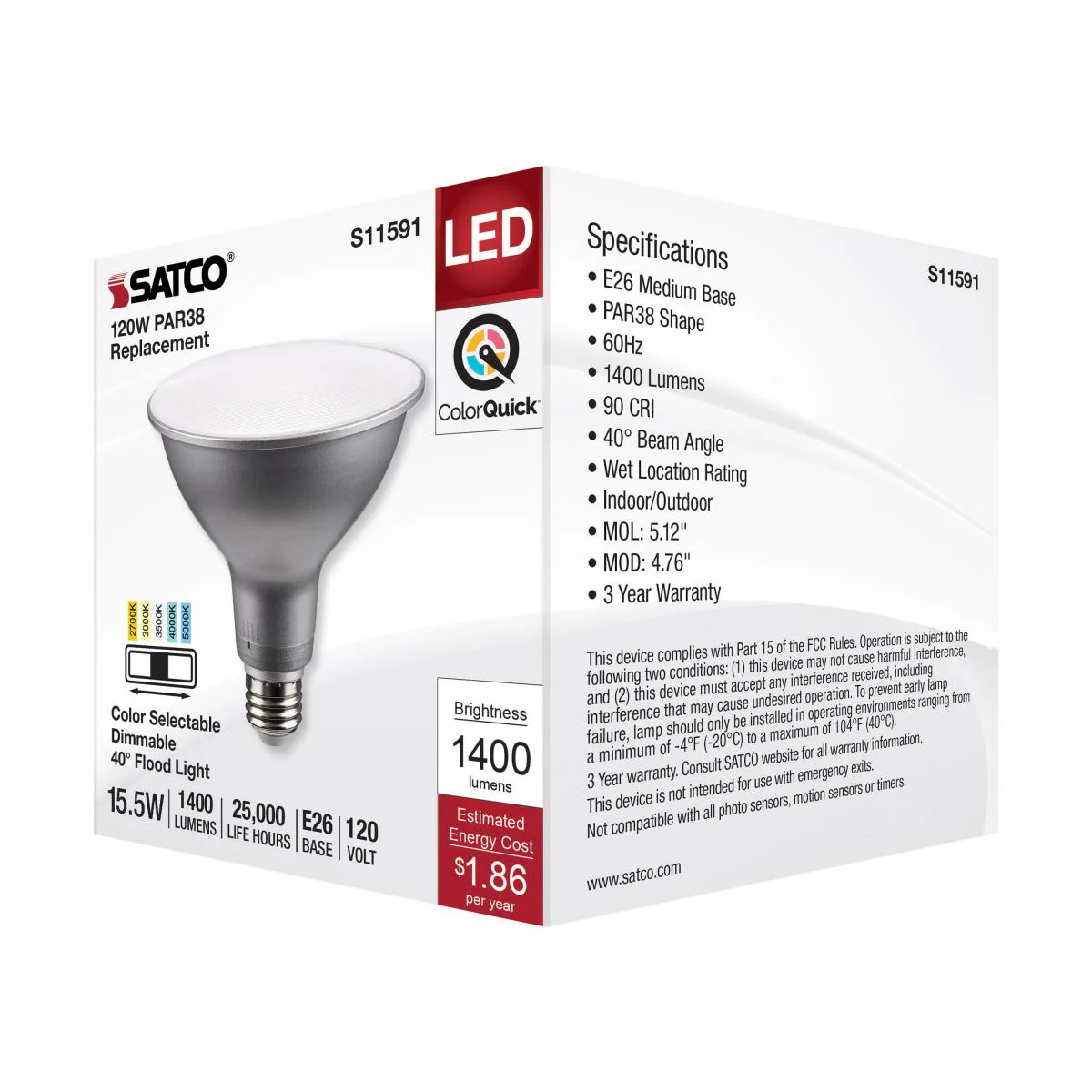 Satco 15.5w PAR38 LED E26 Base 40deg 120v CCT Tunable Silver Finish Bulb - Image 5