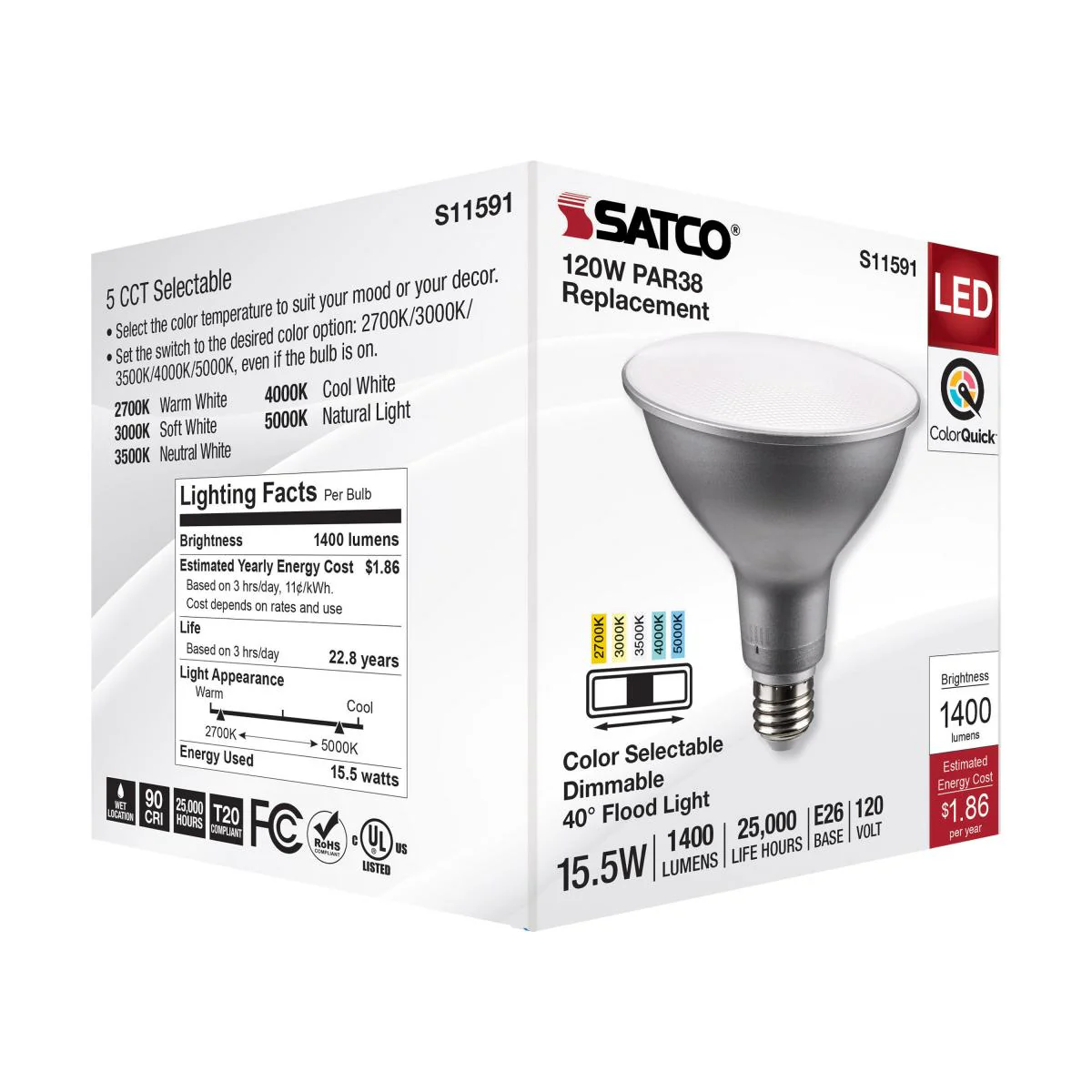 Satco 15.5w PAR38 LED E26 Base 40deg 120v CCT Tunable Silver Finish Bulb - Image 6