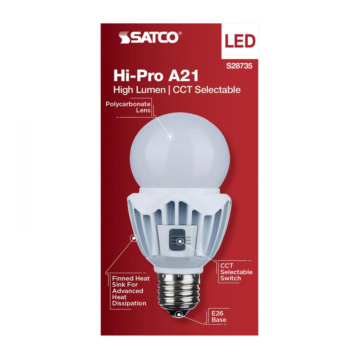 Satco 15w LED A21 High Lumen Output CCT Tunable 120V-277V White Finish Bulb - Image 4