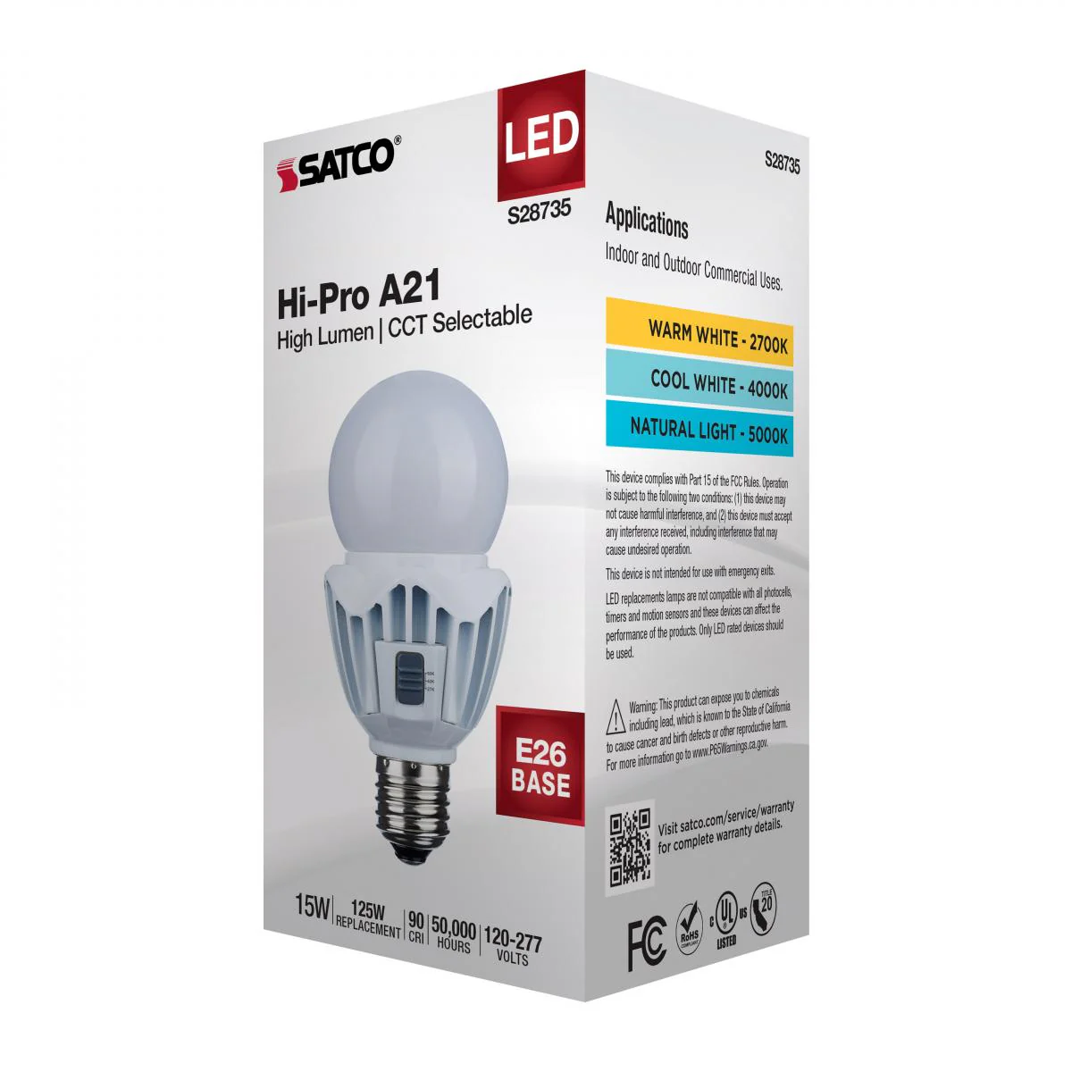 Satco 15w LED A21 High Lumen Output CCT Tunable 120V-277V White Finish Bulb - Image 5