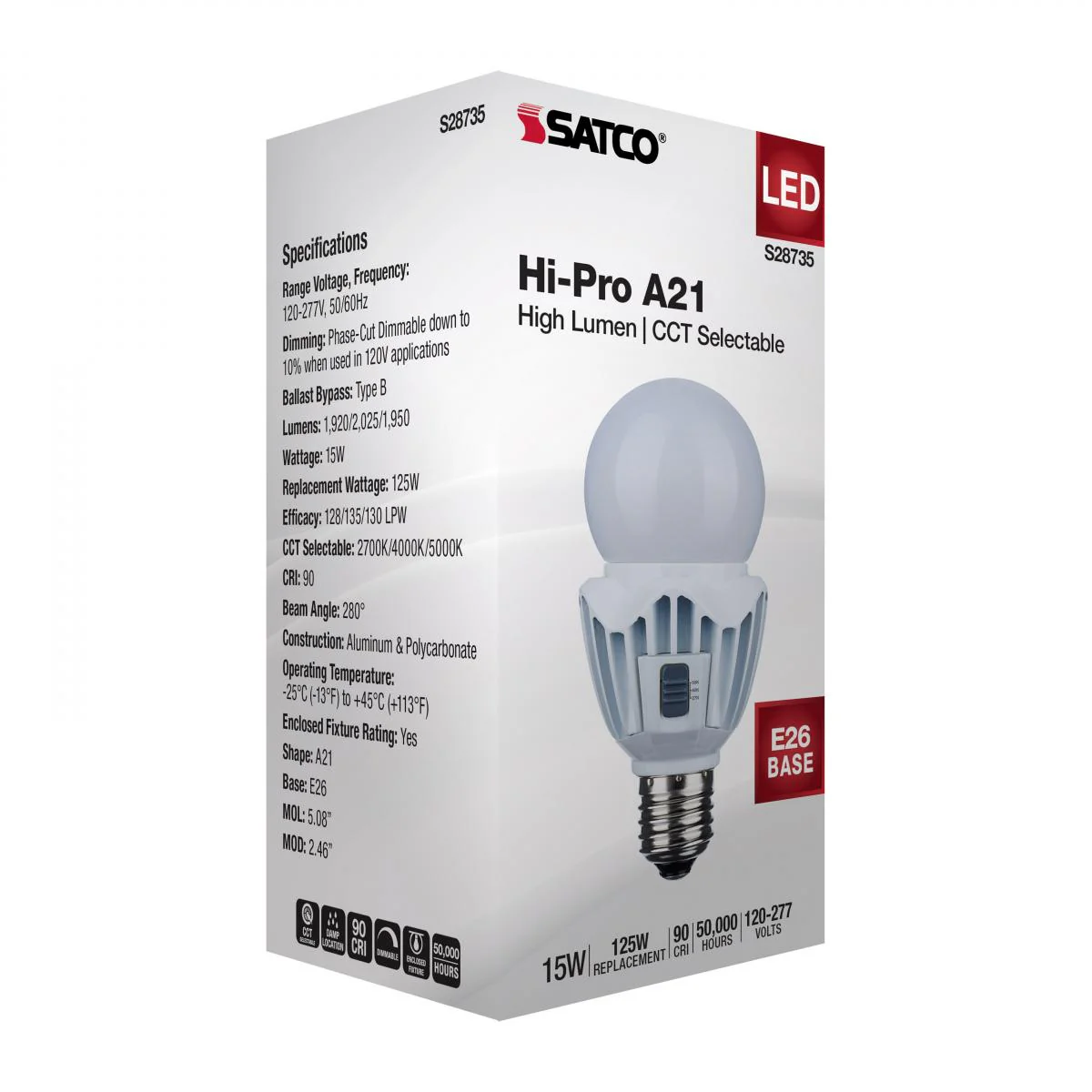 Satco 15w LED A21 High Lumen Output CCT Tunable 120V-277V White Finish Bulb - Image 6
