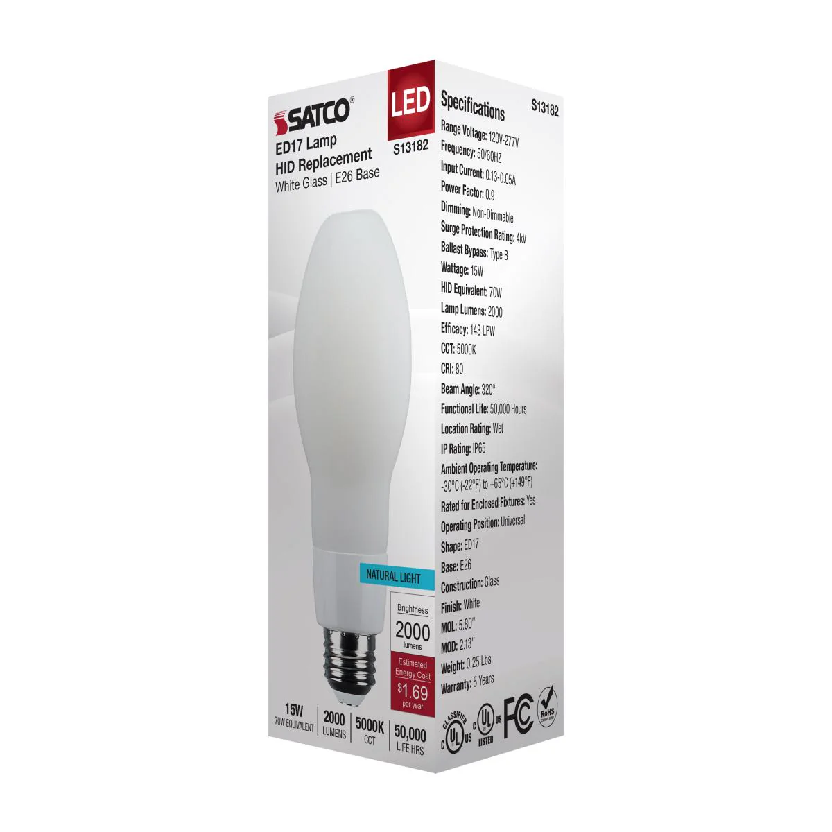Satco 15w LED HID Replacement ED17 5000K E26 Base 120-277v White Finish Bulb - Image 5