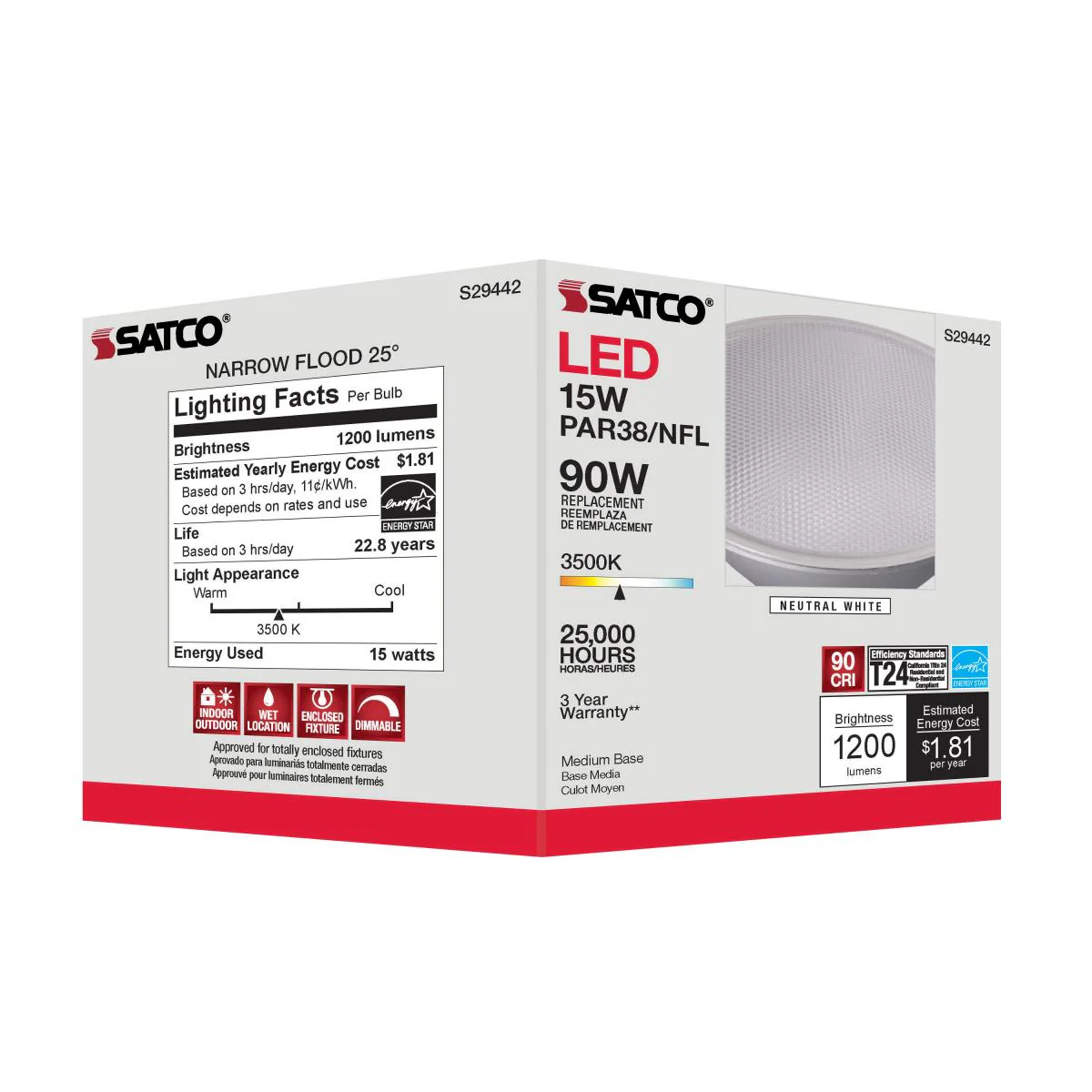 Satco 15w PAR38 LED 25 deg. Beam E26 Medium base 3500k Neutral White - Image 7