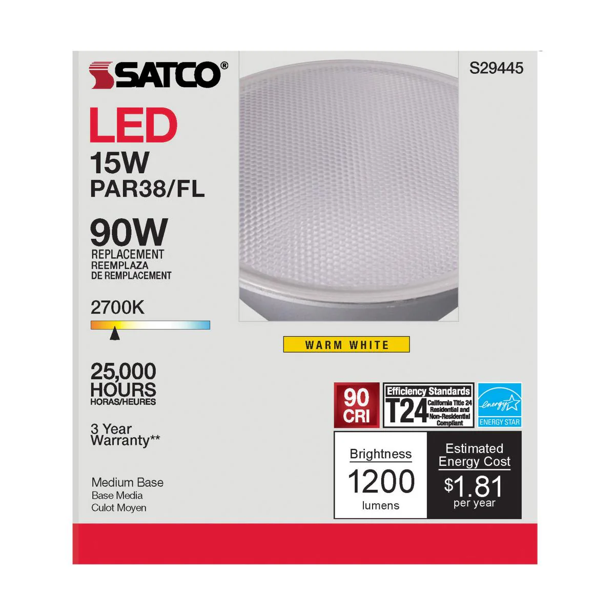 Satco 15w PAR38 LED 40 deg. Beam E26 Medium base 2700k Warm White - Image 5