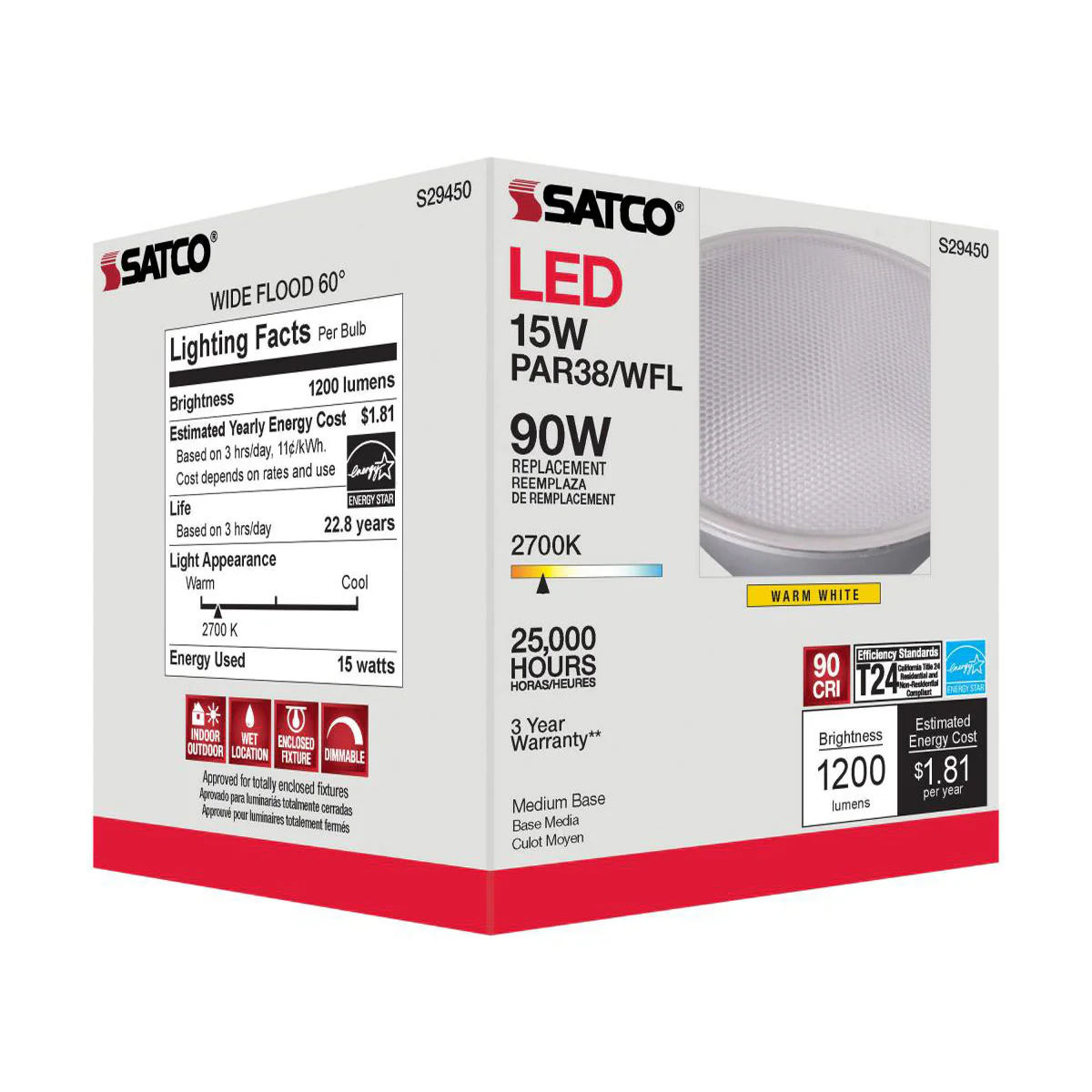 Satco 15w PAR38 LED 60 deg. Beam E26 Medium base 2700k Warm White - Image 2