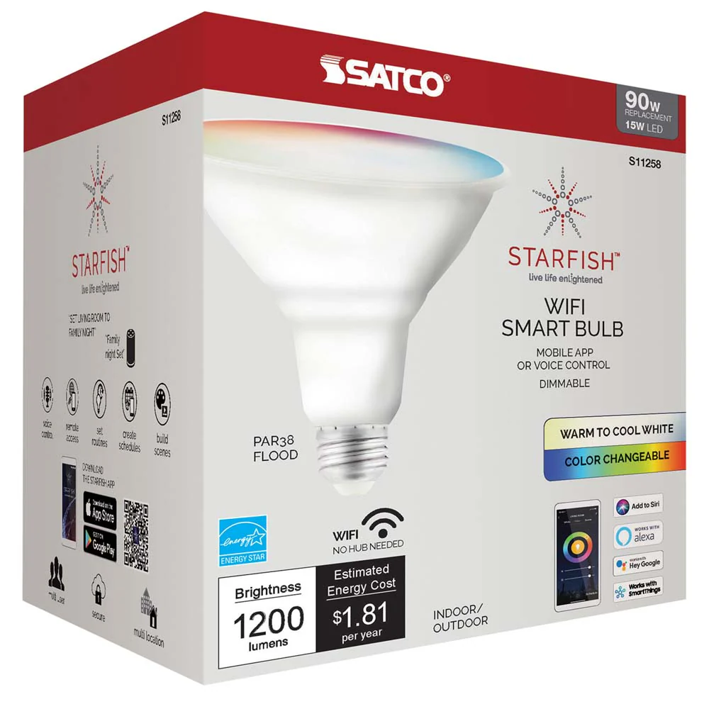 Satco 15w PAR38 LED RGB & Tunable White 1200 Lumens Starfish IOT Smart Bulb - Image 3