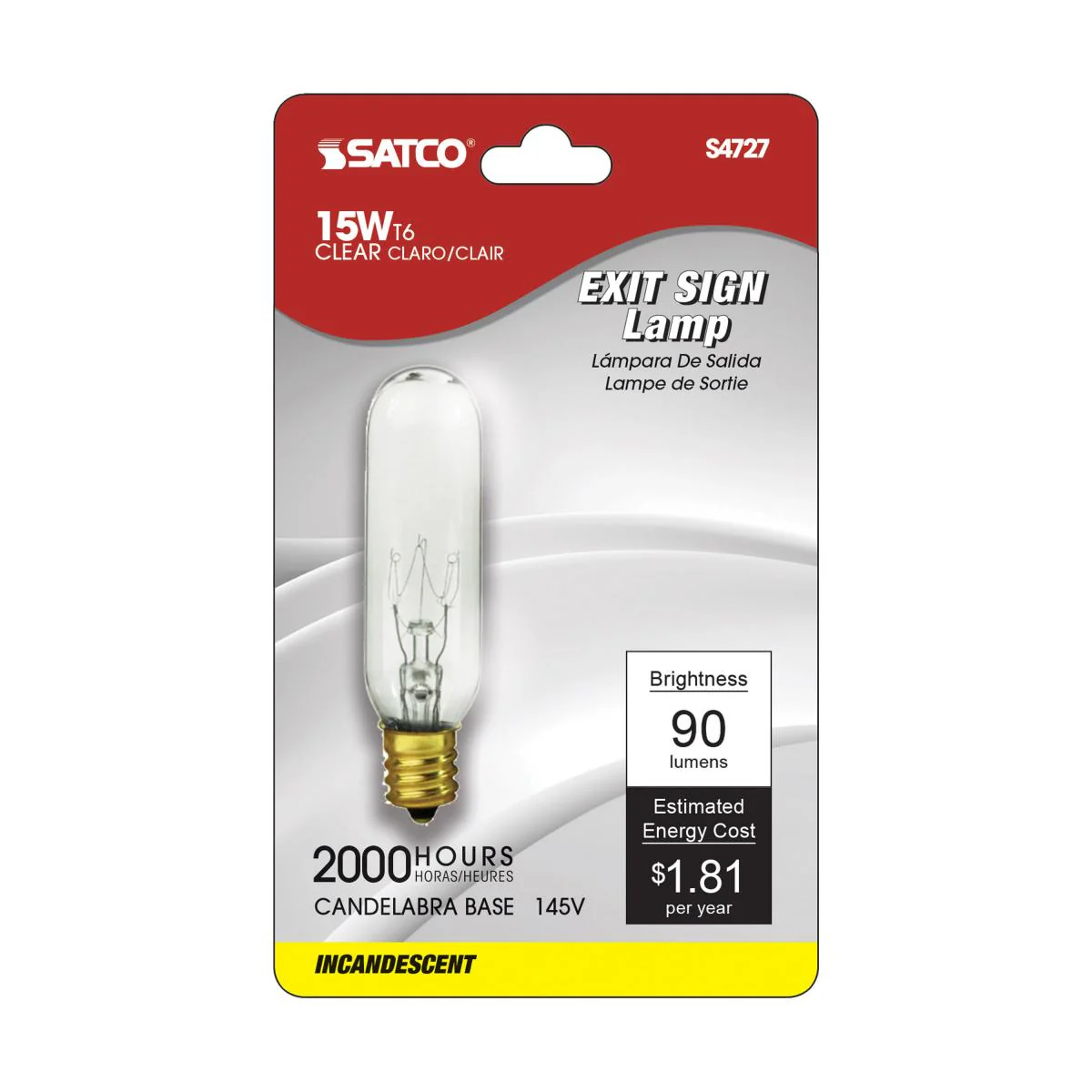 Satco 15w T6 Incandescent 90Lm E12 Candelabra base 145v Clear Bulb - Image 2