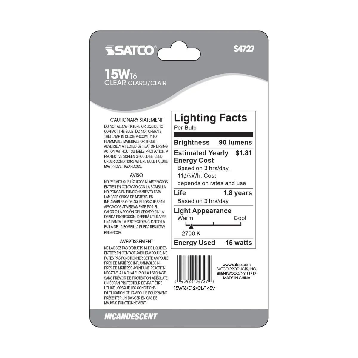 Satco 15w T6 Incandescent 90Lm E12 Candelabra base 145v Clear Bulb - Image 3