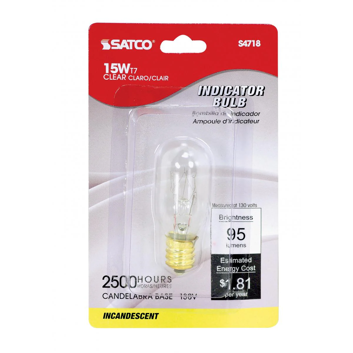 Satco 15w T7 Incandescent 95Lm E12 Candelabra base 130v Clear Bulb - Image 2