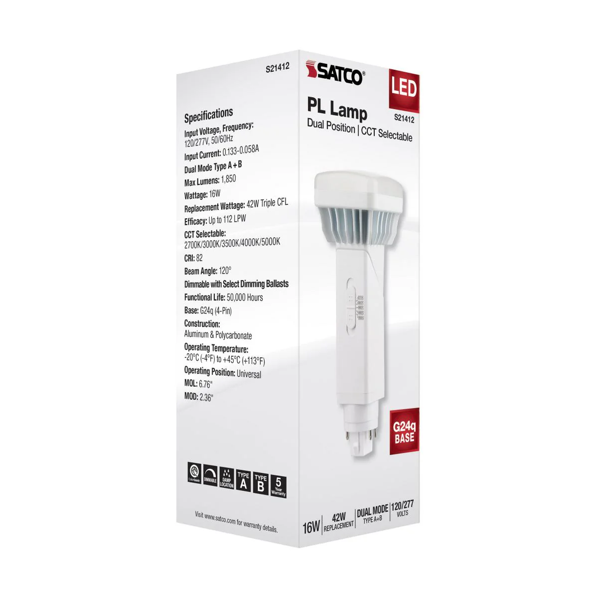 Satco 16w PL 4-Pin LED 1850Lm G24q Base 120-277v CCT Tunable White Finish Bulb - Image 7