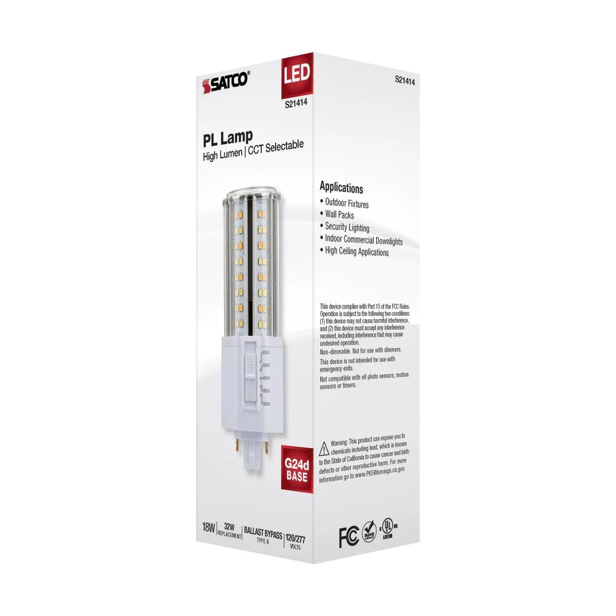 Satco 18w LED PL 2-Pin G24d CCT Tunable 120-277v White Finish Type B Bulb - Image 7