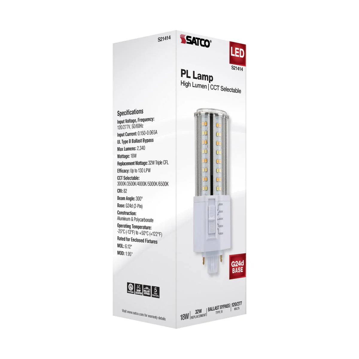 Satco 18w LED PL 2-Pin G24d CCT Tunable 120-277v White Finish Type B Bulb - Image 8