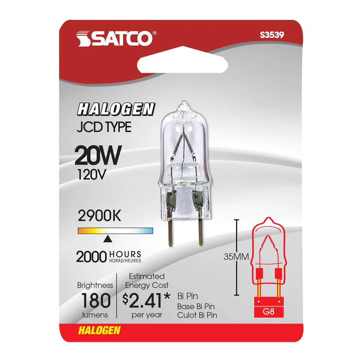 Satco 20w Halogen T4 180Lm Bi Pin G8 base 120v Clear Finish Bulb - Image 2