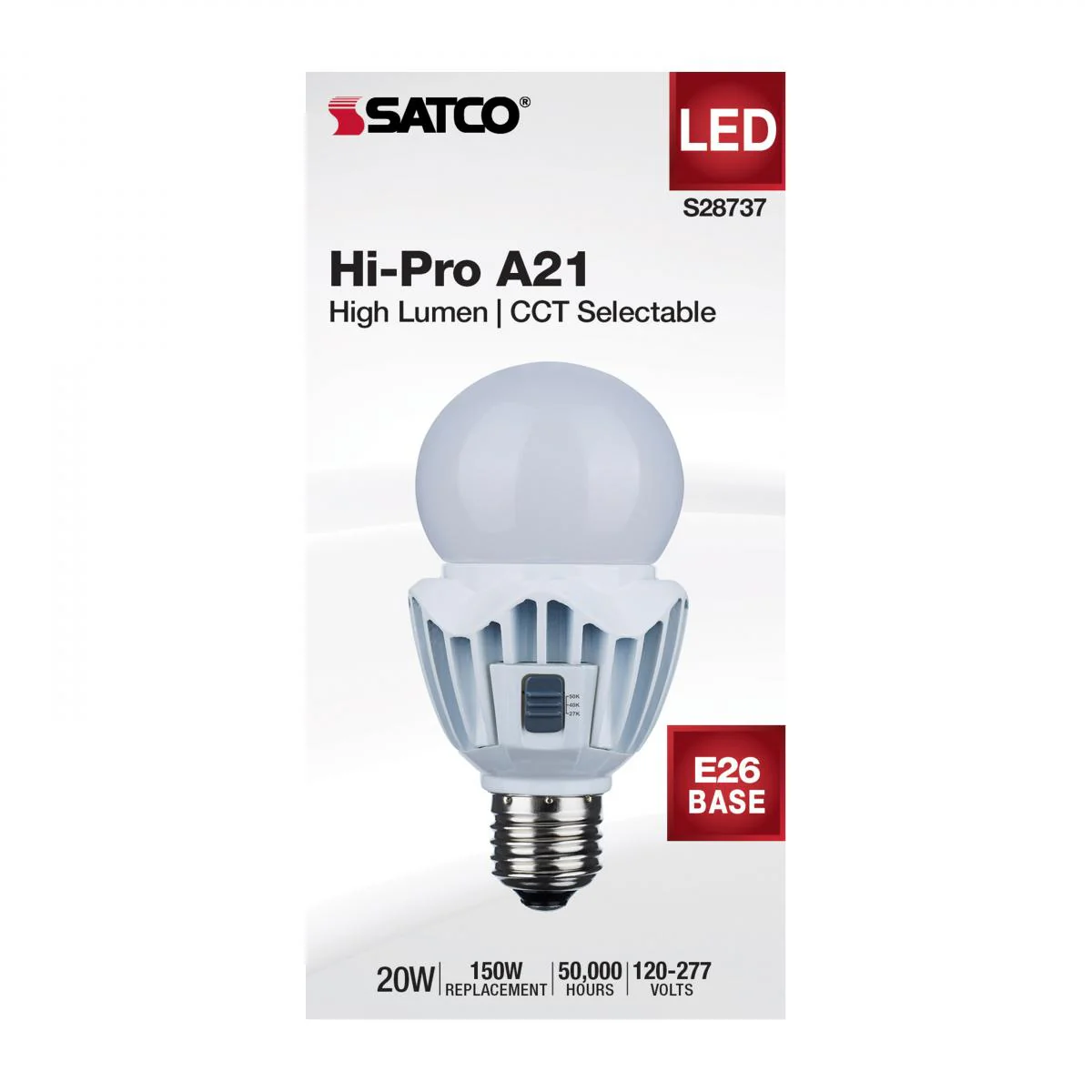 Satco 20w LED A21 High Lumen Output CCT Tunable 120V-277V White Finish Bulb - Image 3