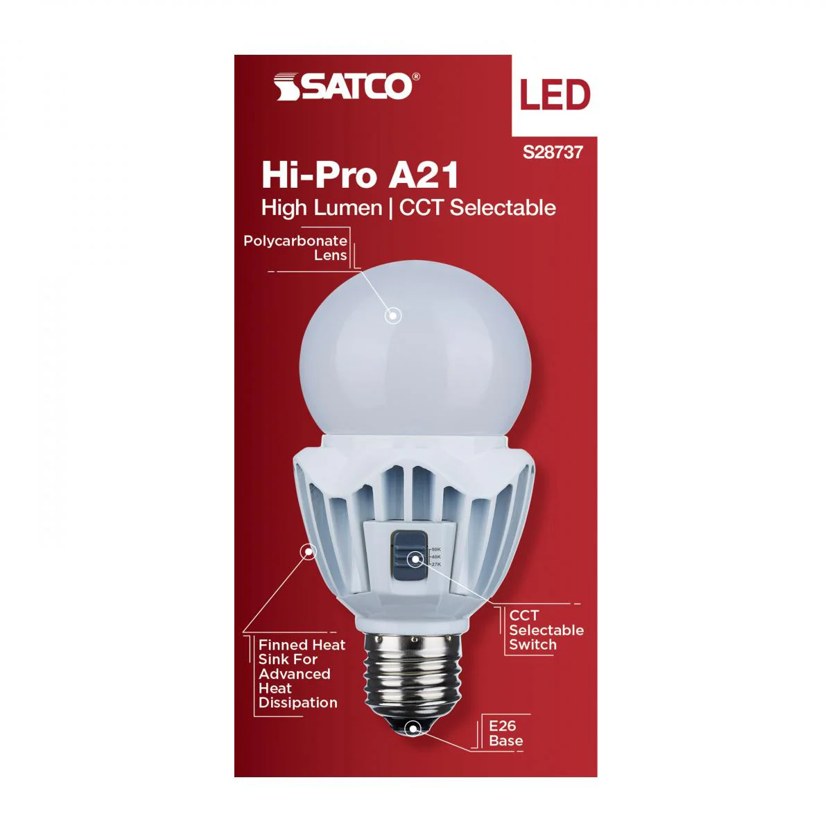 Satco 20w LED A21 High Lumen Output CCT Tunable 120V-277V White Finish Bulb - Image 4