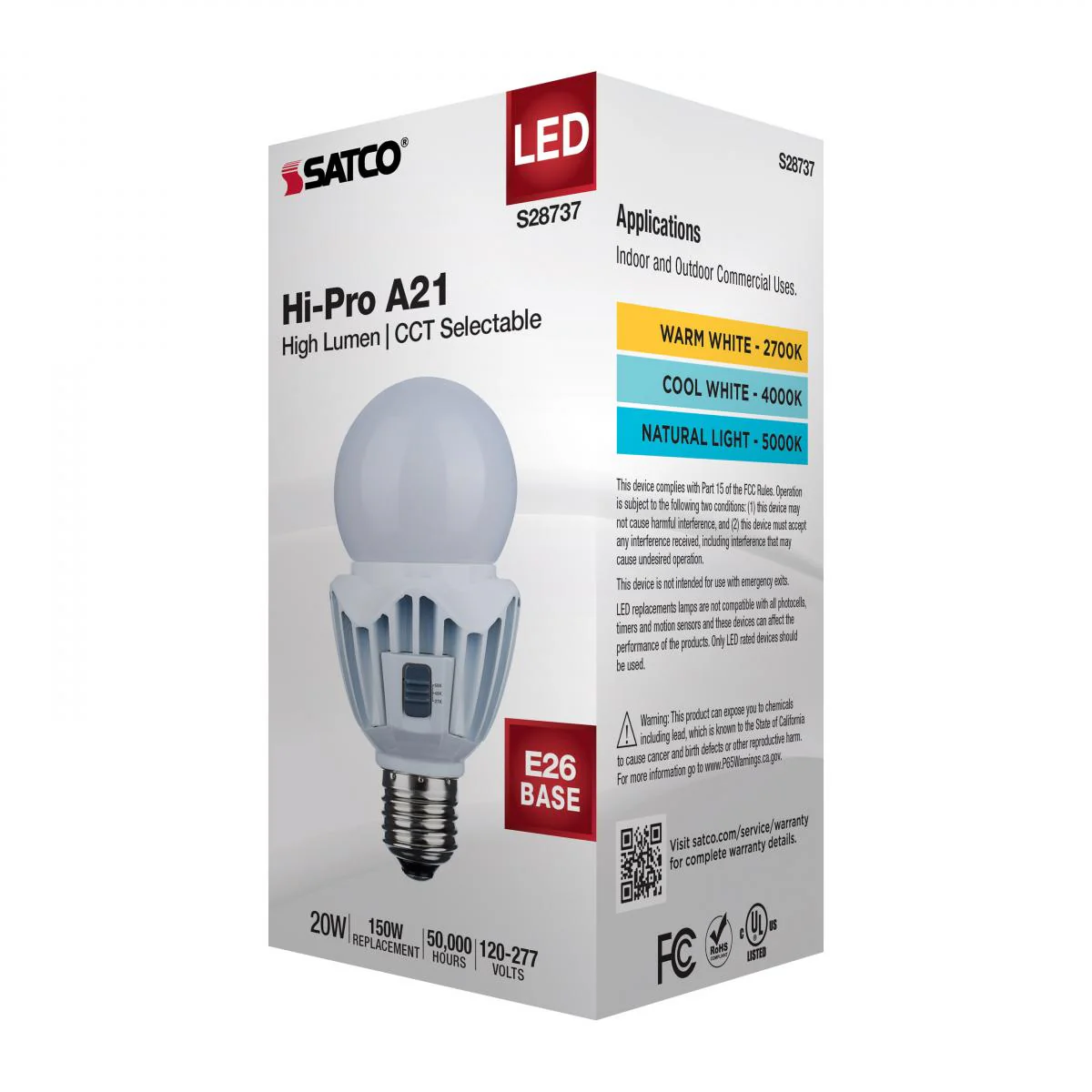 Satco 20w LED A21 High Lumen Output CCT Tunable 120V-277V White Finish Bulb - Image 5