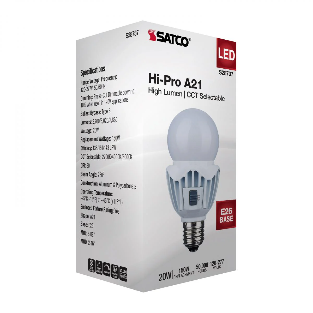 Satco 20w LED A21 High Lumen Output CCT Tunable 120V-277V White Finish Bulb - Image 6
