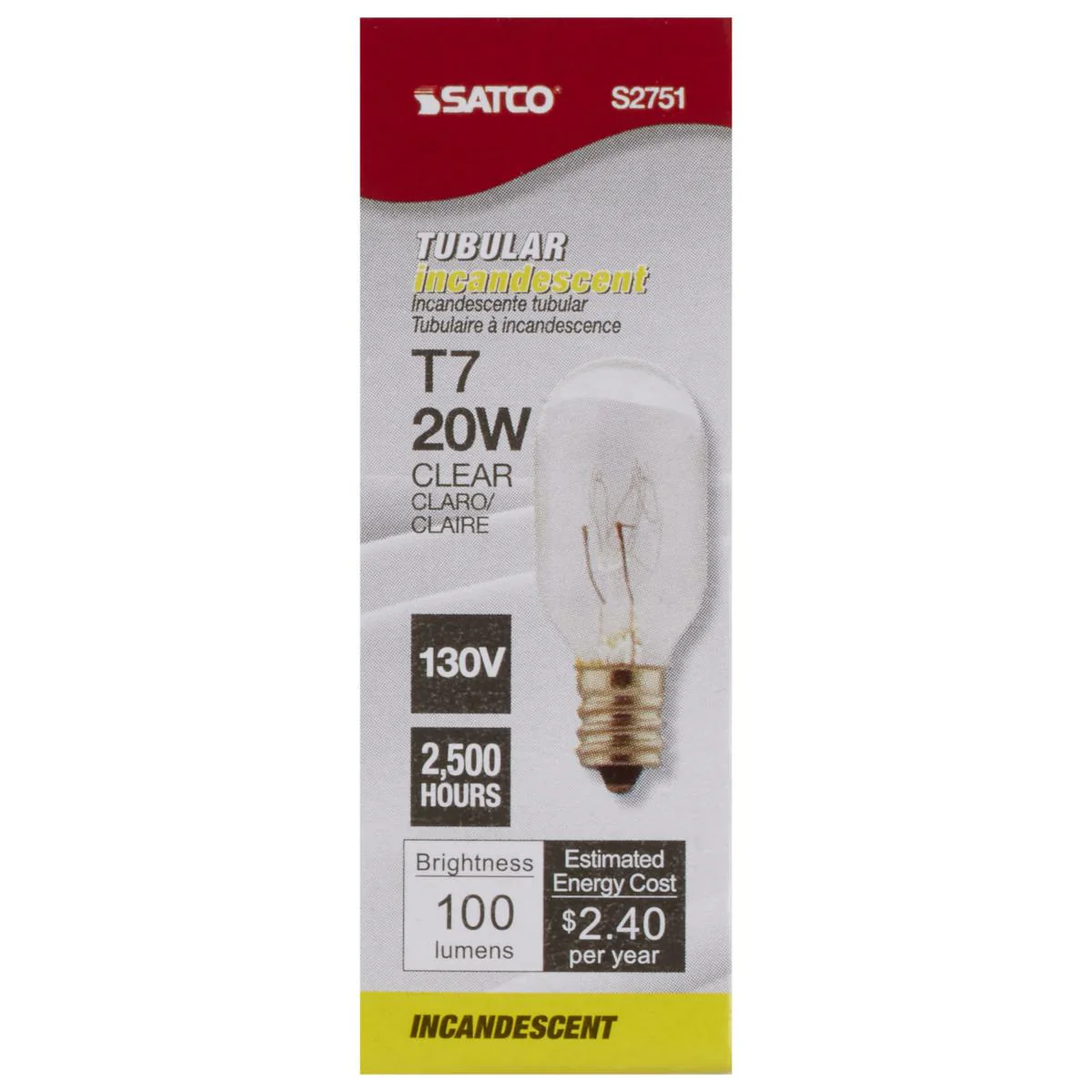 Satco 20w T7 Incandescent 130v Candelabra base Clear Finish Bulb - Image 2