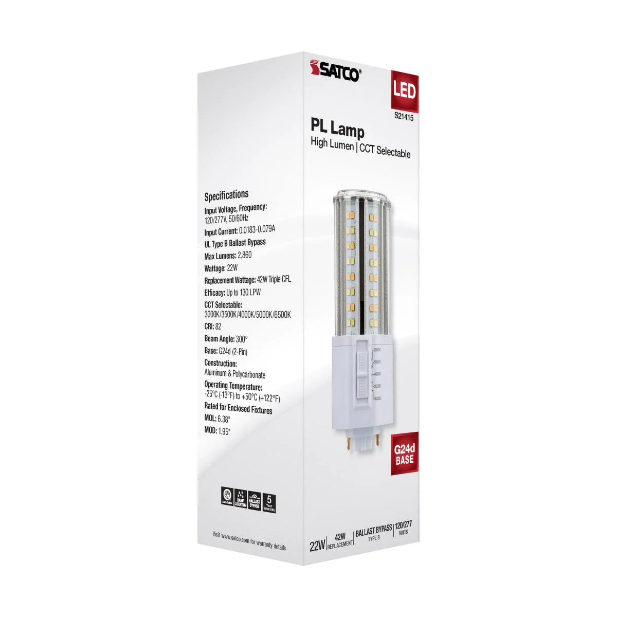 Satco 22w LED PL 2-Pin G24d CCT Tunable 120-277v White Finish Type B Bulb - Image 8
