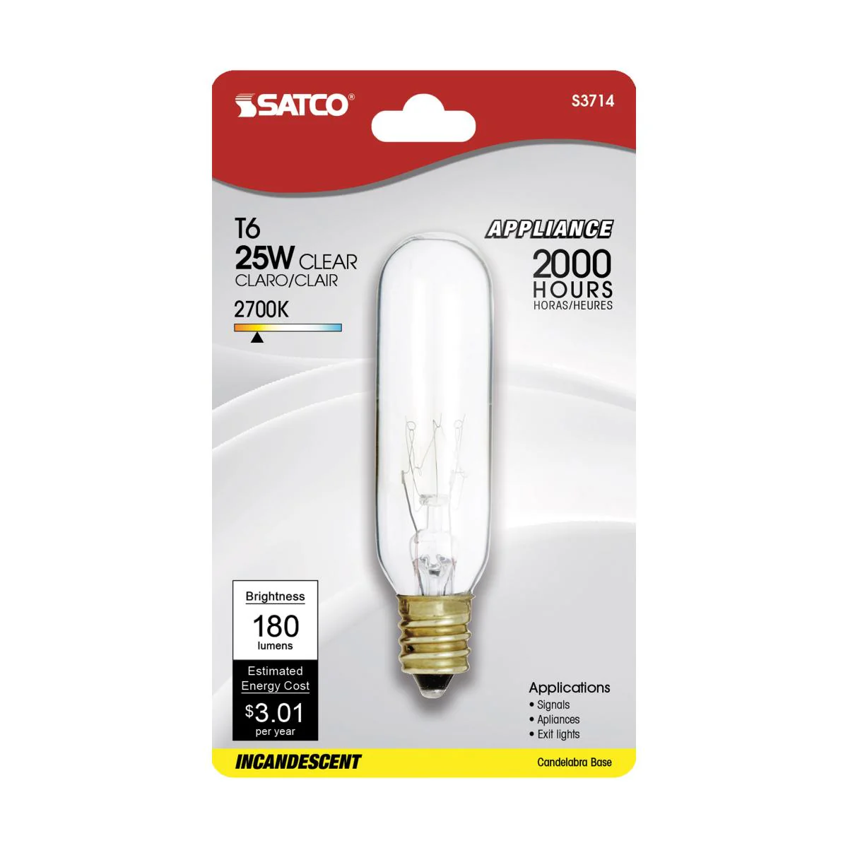Satco 25w Incandescent T6 180Lm E12 Candelabra base 120v Clear Finish Bulb - Image 2