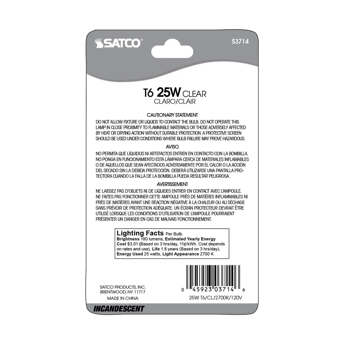 Satco 25w Incandescent T6 180Lm E12 Candelabra base 120v Clear Finish Bulb - Image 3