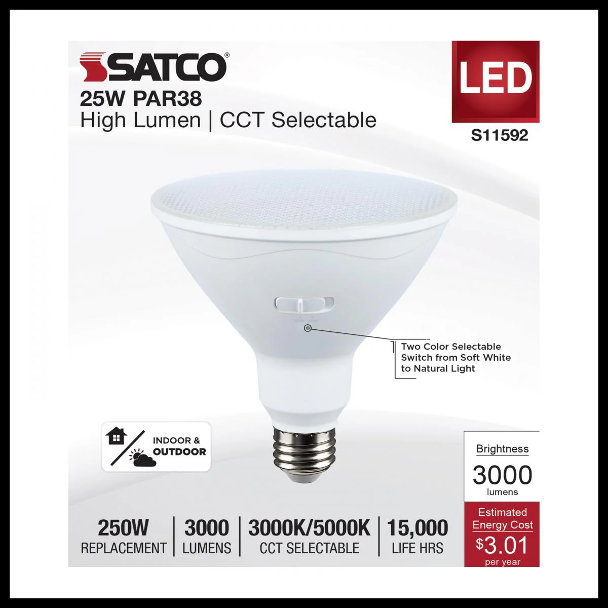 Satco 25w PAR38 LED High Lumen E26 Base 120v CCT Tunable White Finish Bulb - Image 3