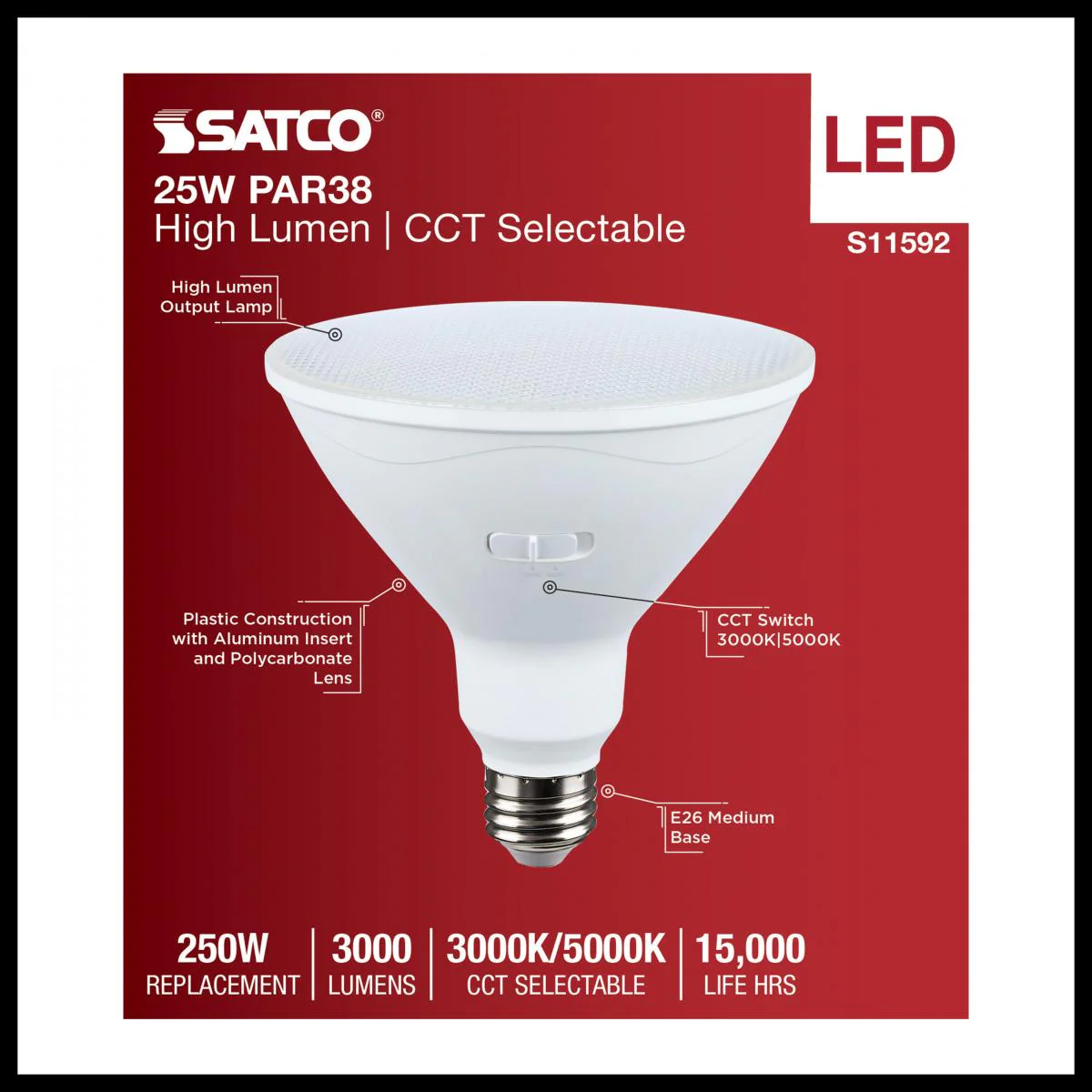 Satco 25w PAR38 LED High Lumen E26 Base 120v CCT Tunable White Finish Bulb - Image 4