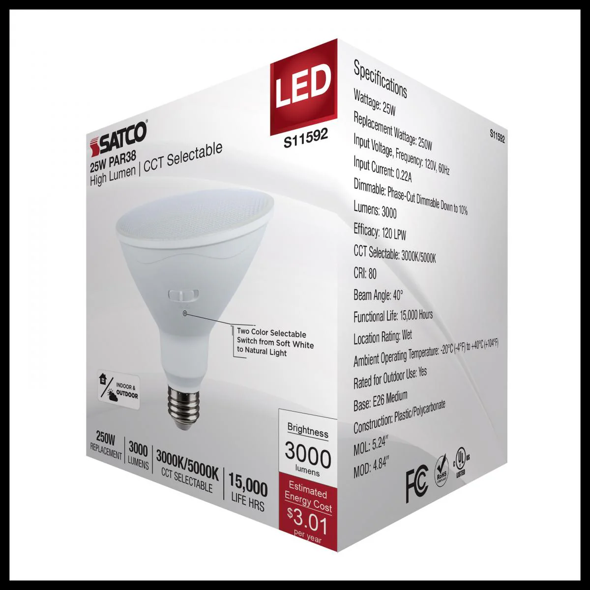 Satco 25w PAR38 LED High Lumen E26 Base 120v CCT Tunable White Finish Bulb - Image 5