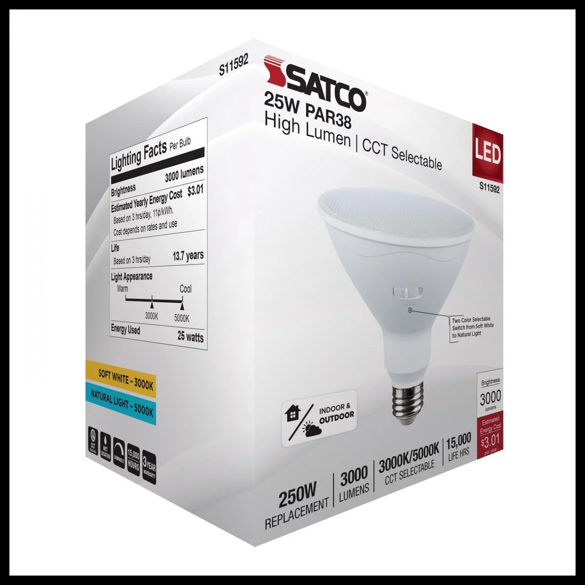 Satco 25w PAR38 LED High Lumen E26 Base 120v CCT Tunable White Finish Bulb - Image 6
