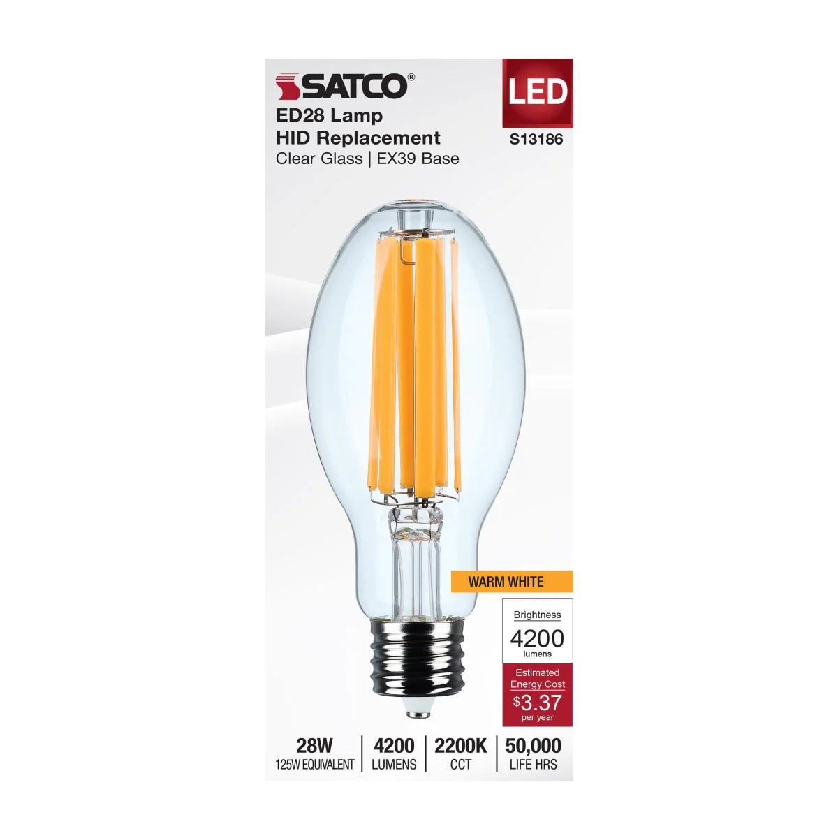 Satco 28w LED HID Replacement ED28 2200K EX39l Base 120-277v Clear Finish Bulb - Image 3