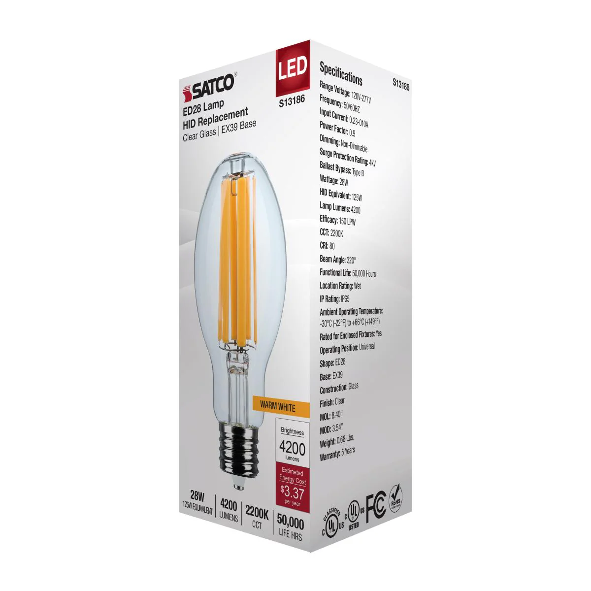 Satco 28w LED HID Replacement ED28 2200K EX39l Base 120-277v Clear Finish Bulb - Image 5