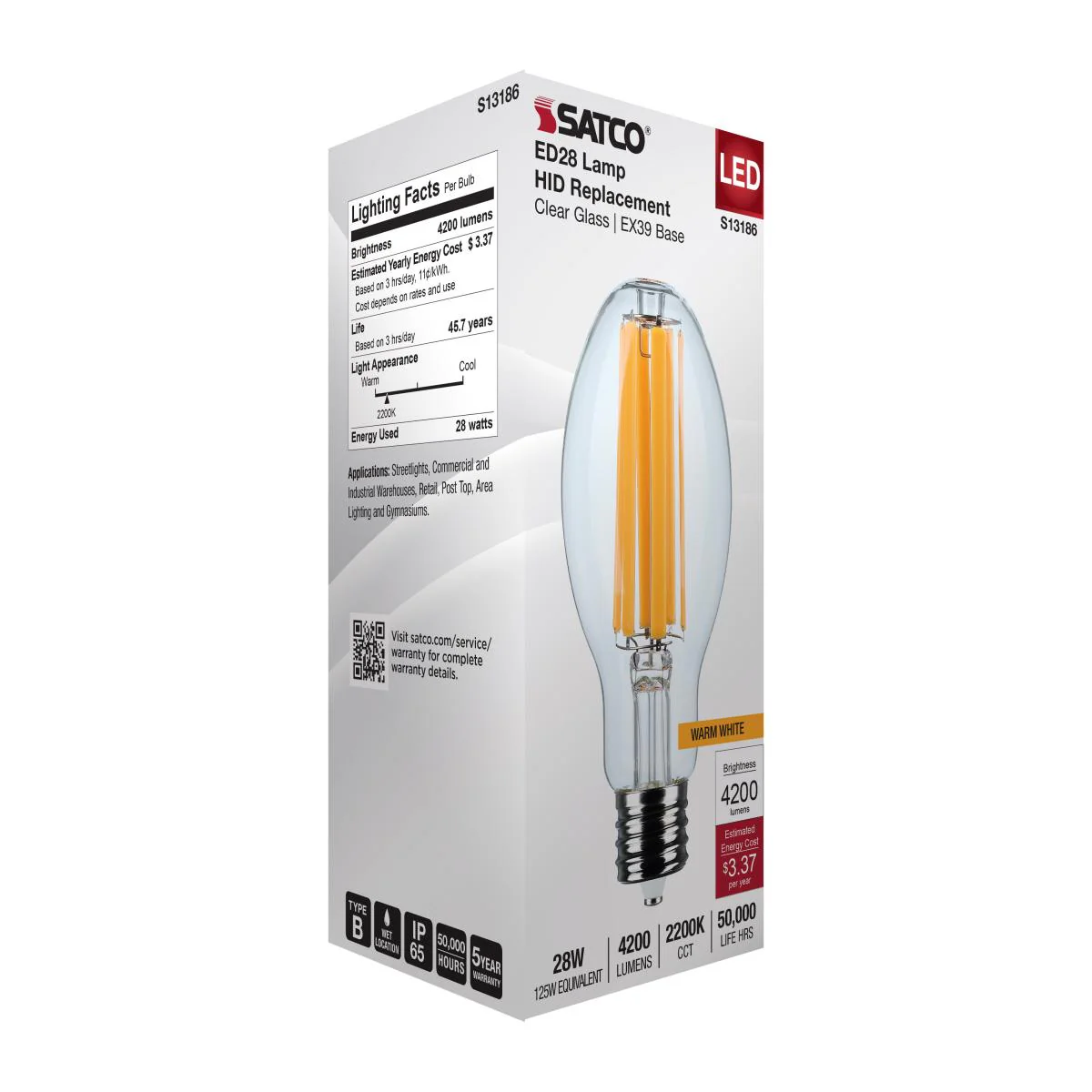 Satco 28w LED HID Replacement ED28 2200K EX39l Base 120-277v Clear Finish Bulb - Image 6