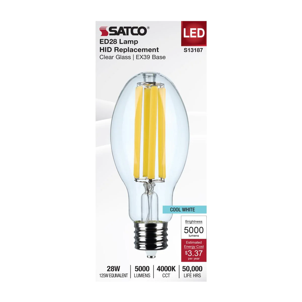 Satco 28w LED HID Replacement ED28 4000K EX39l Base 120-277v Clear Finish Bulb - Image 3