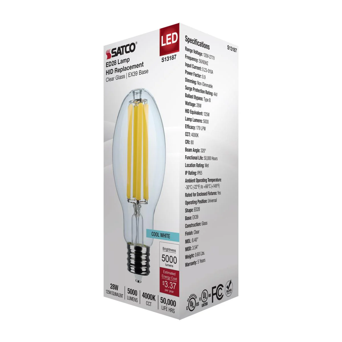 Satco 28w LED HID Replacement ED28 4000K EX39l Base 120-277v Clear Finish Bulb - Image 5