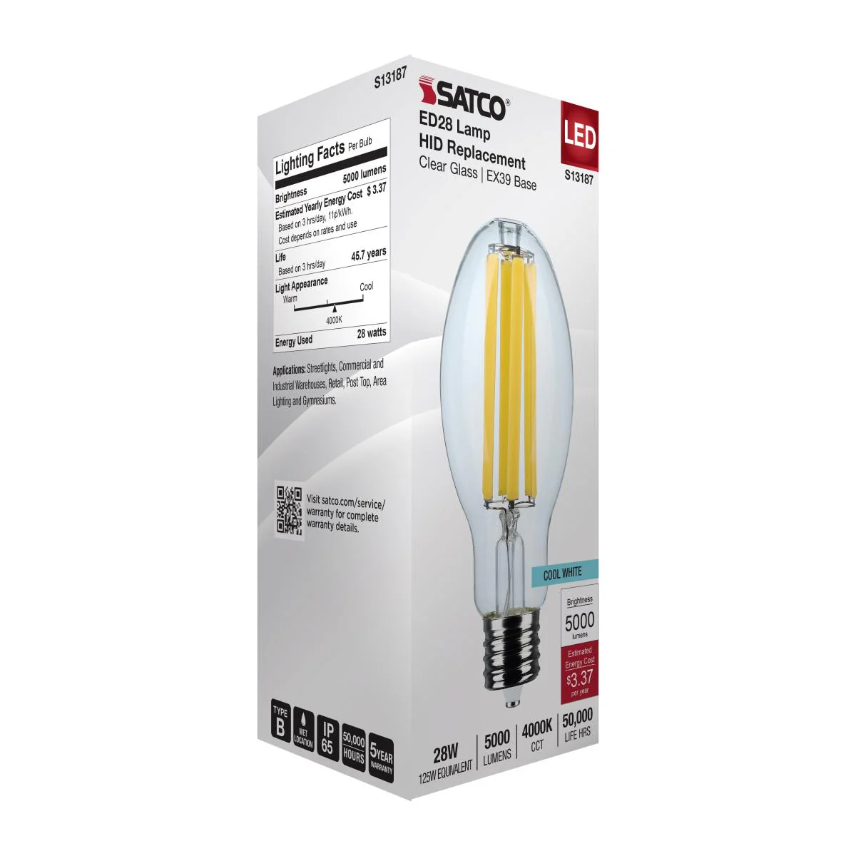 Satco 28w LED HID Replacement ED28 4000K EX39l Base 120-277v Clear Finish Bulb - Image 6