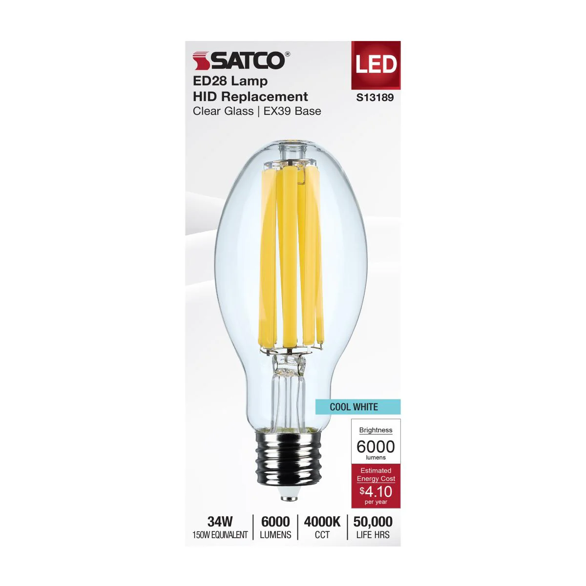 Satco 34w LED HID Replacement ED28 4000K EX39l Base 120-277v Clear Finish Bulb - Image 2
