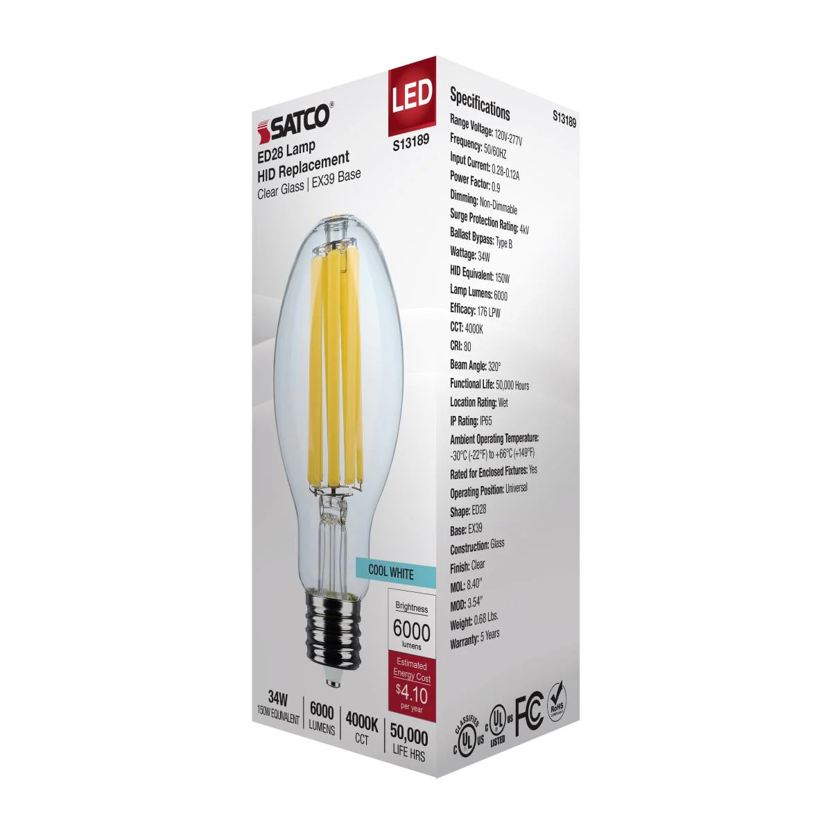 Satco 34w LED HID Replacement ED28 4000K EX39l Base 120-277v Clear Finish Bulb - Image 4