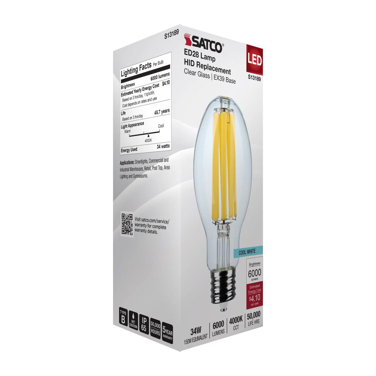 Satco 34w LED HID Replacement ED28 4000K EX39l Base 120-277v Clear Finish Bulb - Image 5
